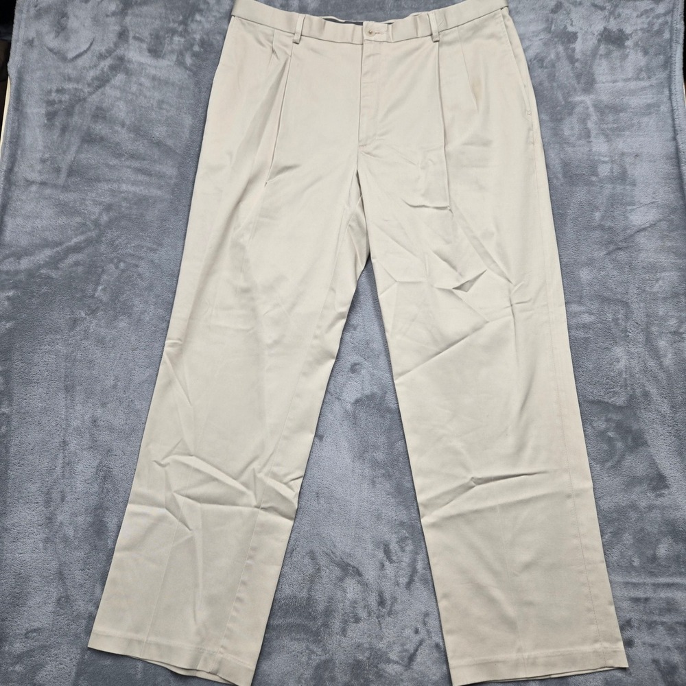 Haggar Premium No Iron Khaki Pants Mens 42x32 Classic Fit Pleated Tan Beige